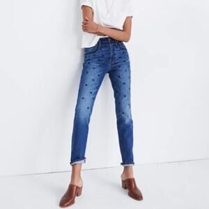 Madewell Jeans High Rise Slim Boy Blue Denim Floral Embroidered Beaded Size 25